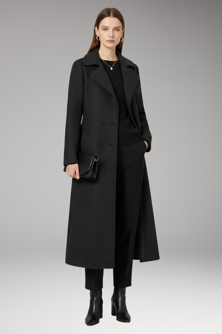 Women’s Long Coat with Turned-Down Collar and Welt Pockets