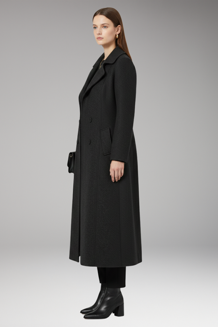 Women’s Long Coat with Turned-Down Collar and Welt Pockets