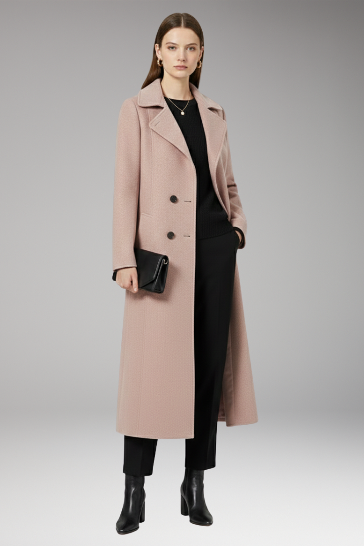 Women’s Long Coat with Turned-Down Collar and Welt Pockets