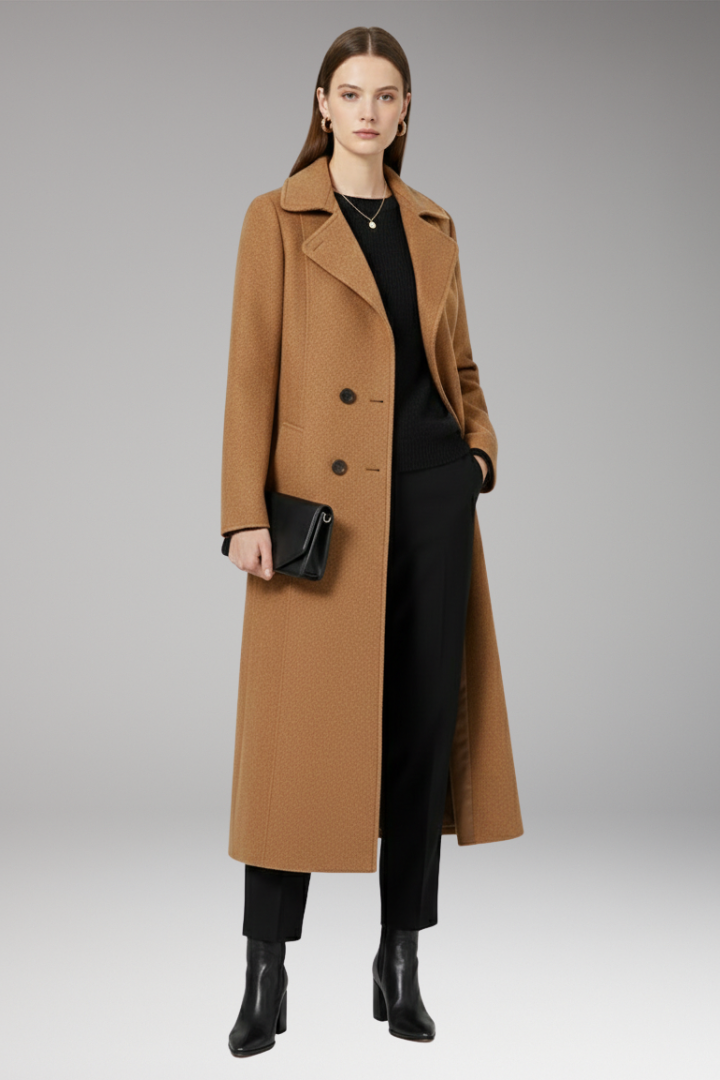 Women’s Long Coat with Turned-Down Collar and Welt Pockets