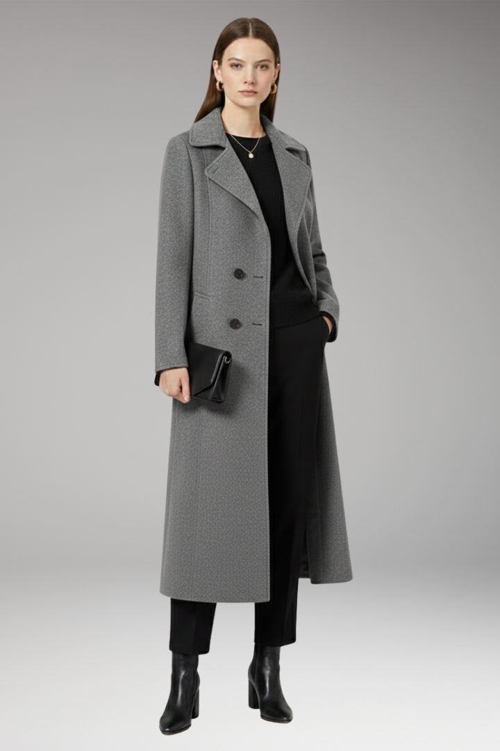 Women’s Long Coat with Turned-Down Collar and Welt Pockets