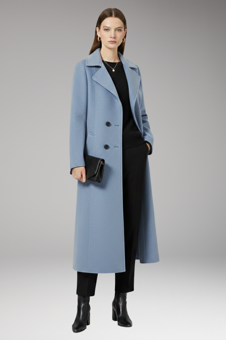 Women’s Long Coat with Turned-Down Collar and Welt Pockets