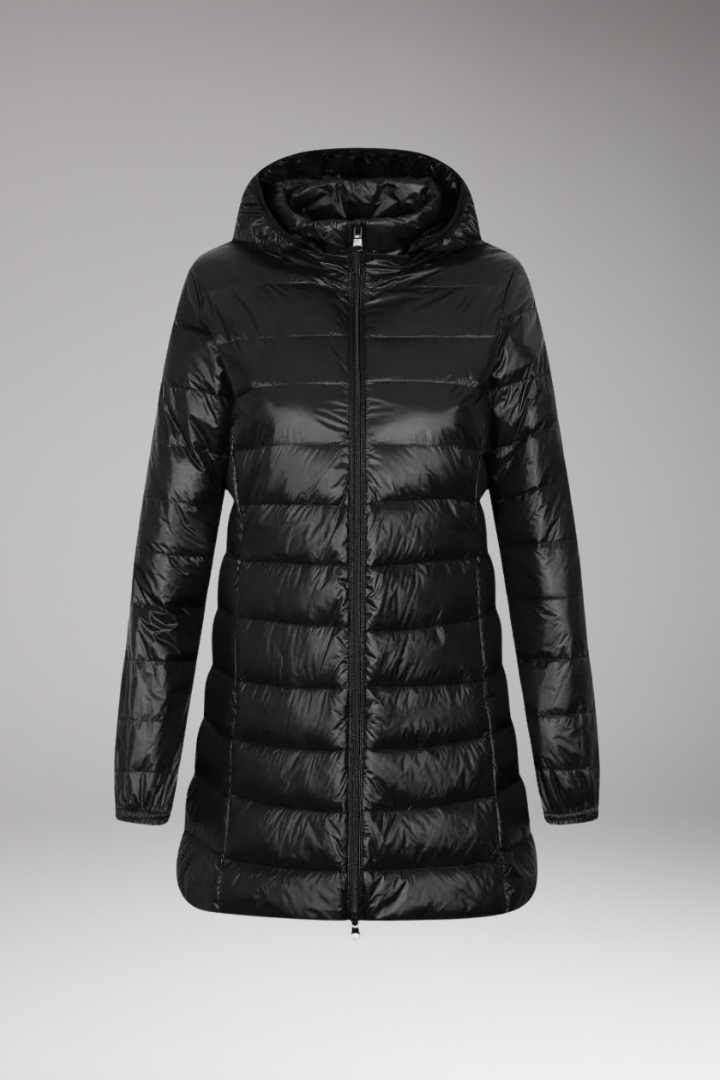 Women's Long Jacket with Hood and Quilted Surface