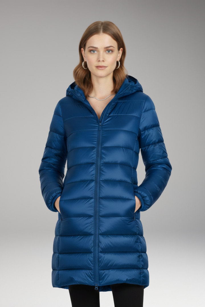 Women's Long Jacket with Hood and Quilted Surface