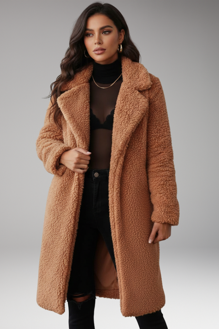 Women's Long Jacket with Lapels and Textured Surface