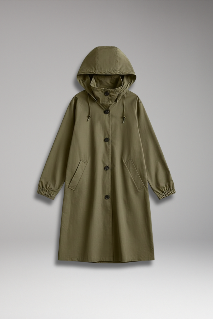 Women’s Long Raincoat with Adjustable Hood and Side Pockets