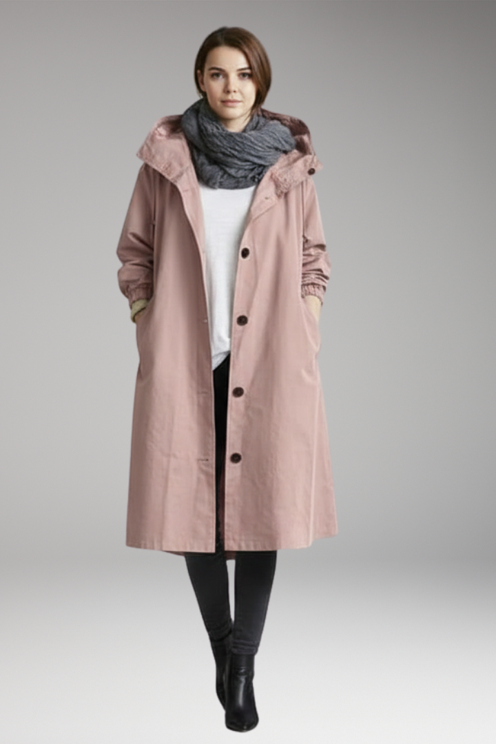Women’s Long Raincoat with Adjustable Hood and Side Pockets