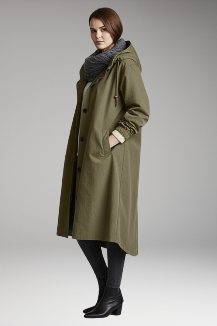 Women’s Long Raincoat with Adjustable Hood and Side Pockets