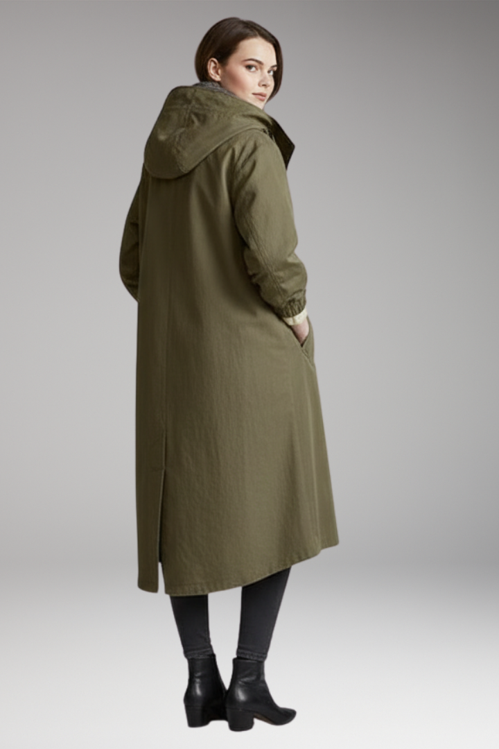 Women’s Long Raincoat with Adjustable Hood and Side Pockets