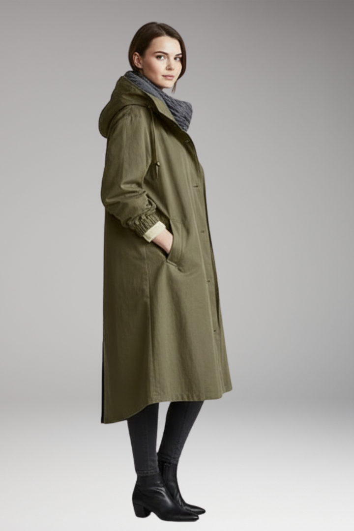 Women’s Long Raincoat with Adjustable Hood and Side Pockets