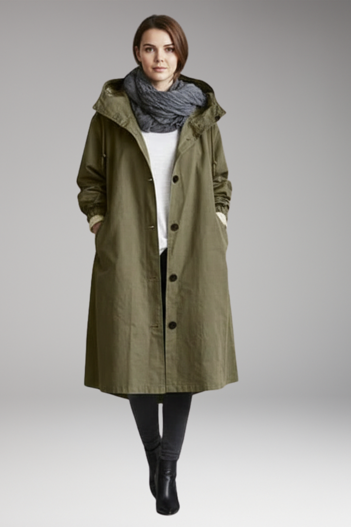 Women’s Long Raincoat with Adjustable Hood and Side Pockets