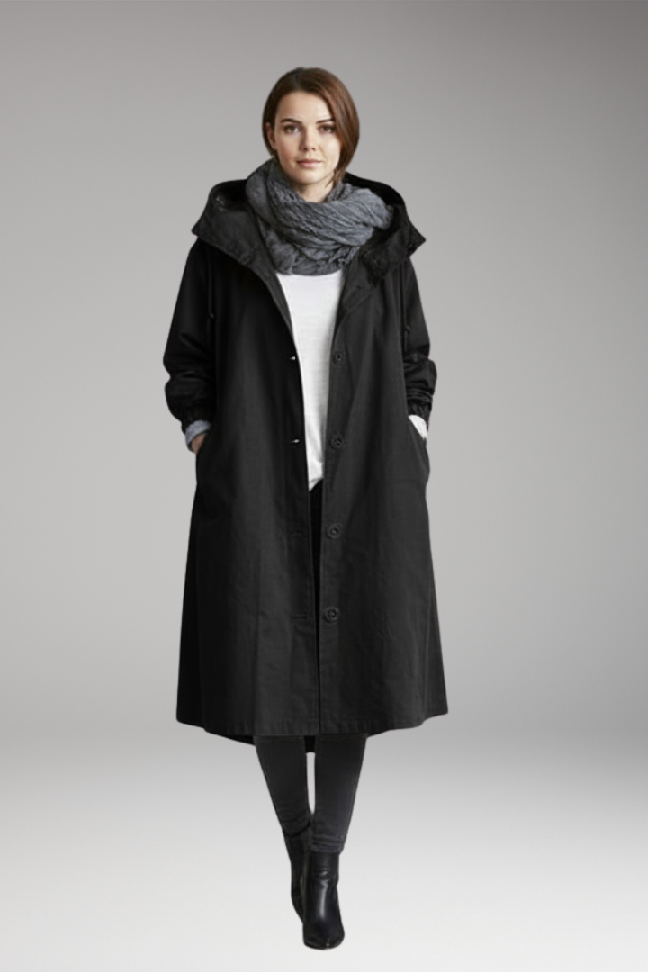 Women’s Long Raincoat with Adjustable Hood and Side Pockets