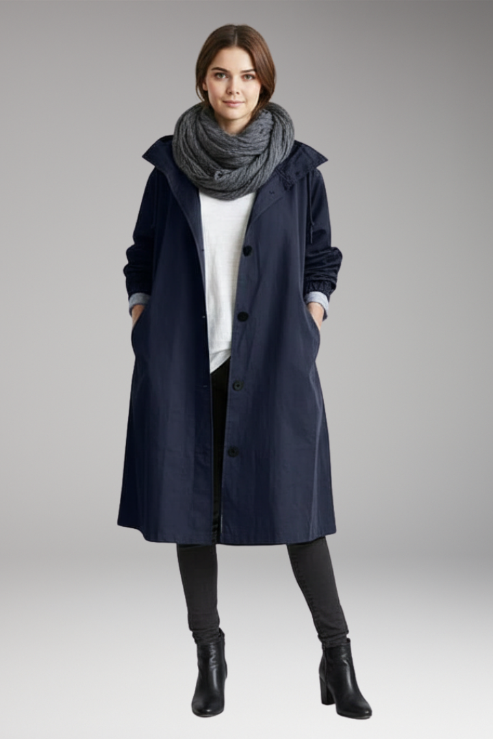 Women’s Long Raincoat with Adjustable Hood and Side Pockets