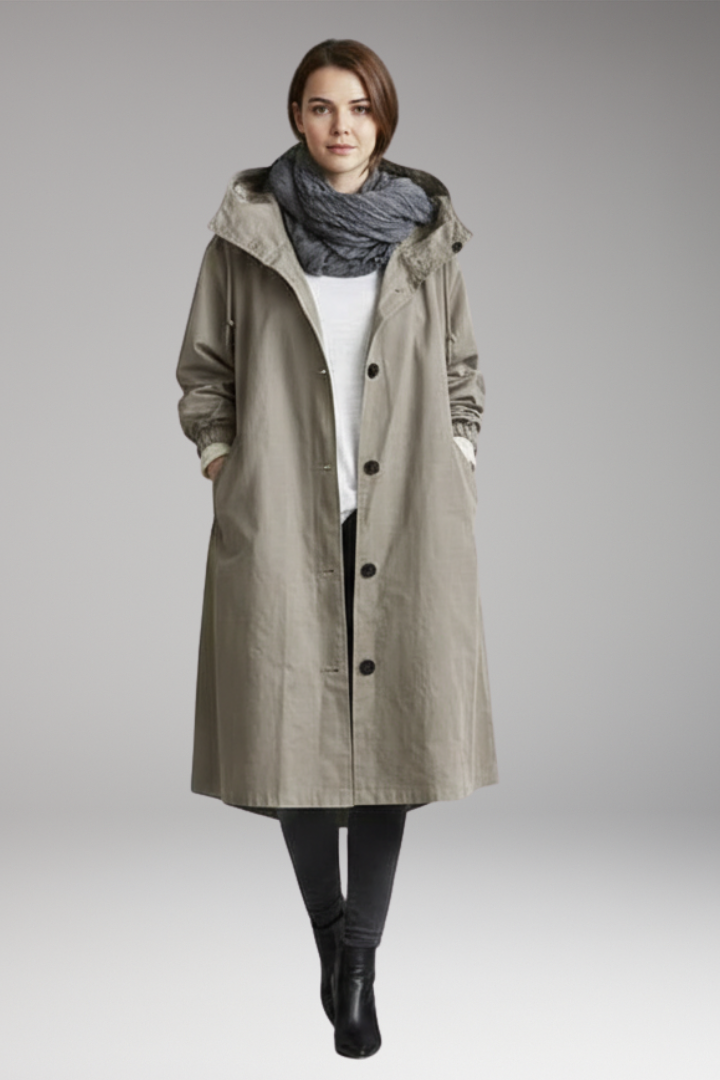 Women’s Long Raincoat with Adjustable Hood and Side Pockets