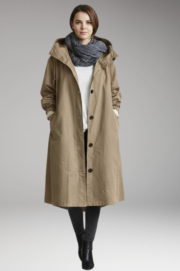 Women’s Long Raincoat with Adjustable Hood and Side Pockets