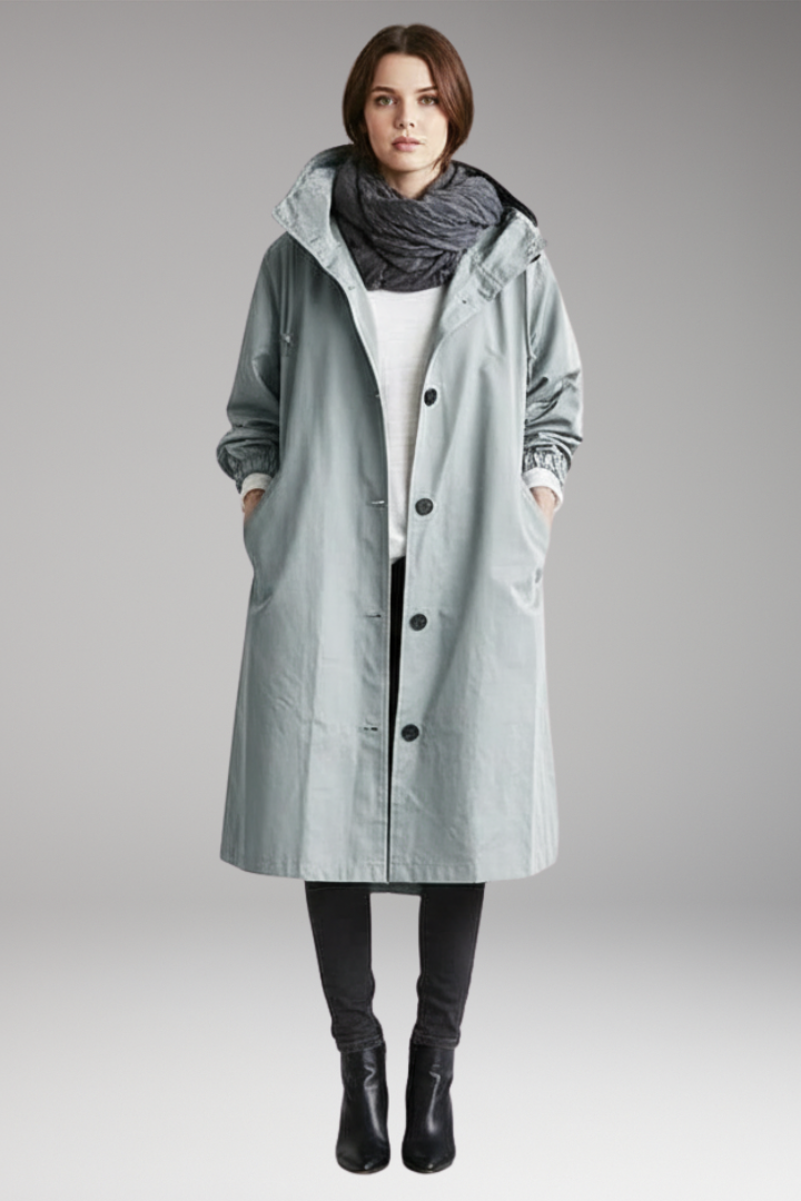 Women’s Long Raincoat with Adjustable Hood and Side Pockets