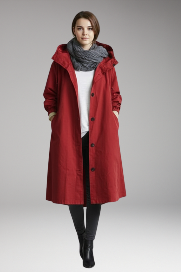 Women’s Long Raincoat with Adjustable Hood and Side Pockets