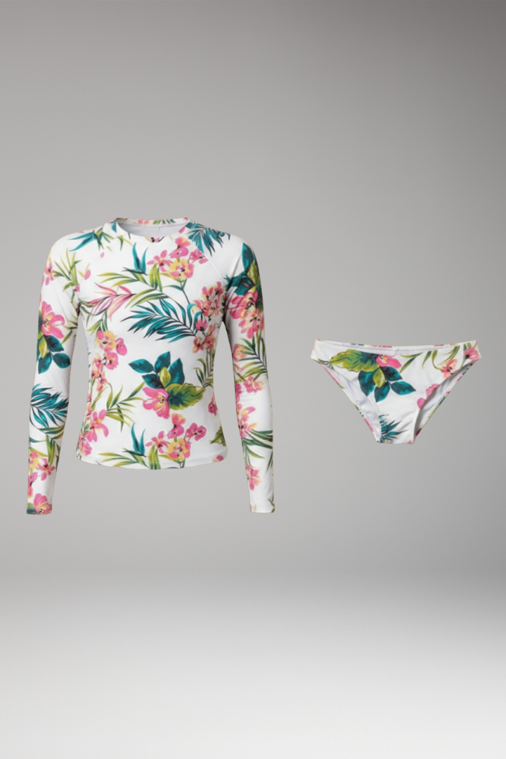 Women's Long Sleeve Rashguard Bikini Set with Floral Design