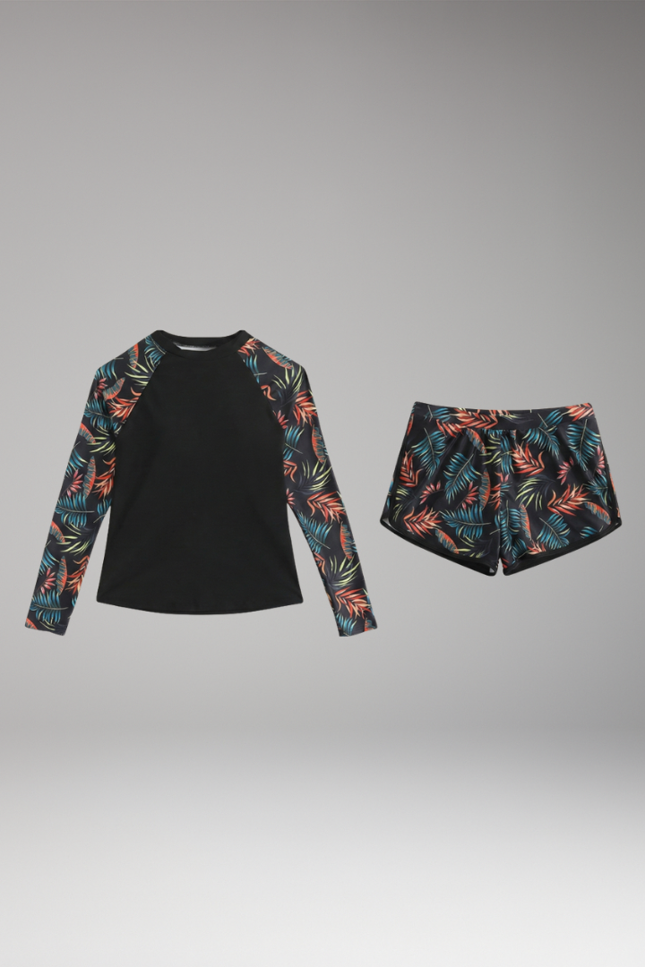 Women's Long Sleeve Tankini with Printed Raglan Sleeves