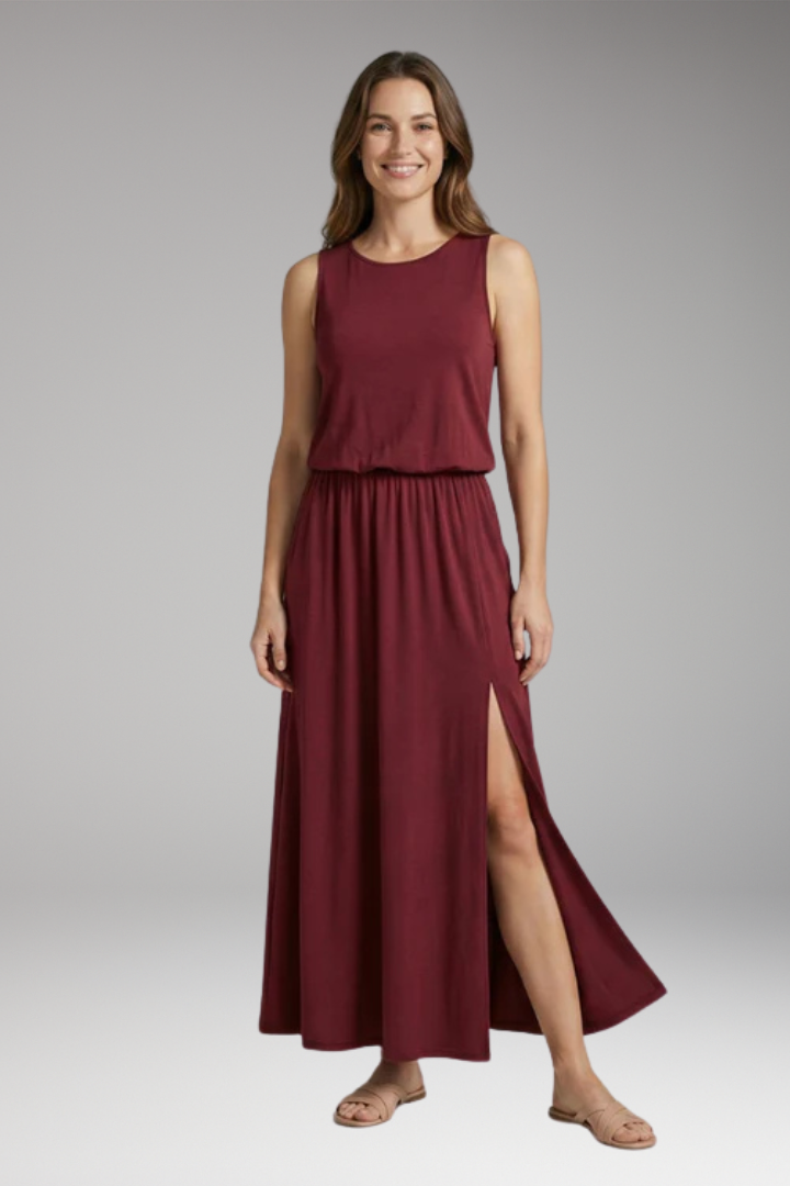 Women's Maxi Dress with Elastic Waist and Side Slit