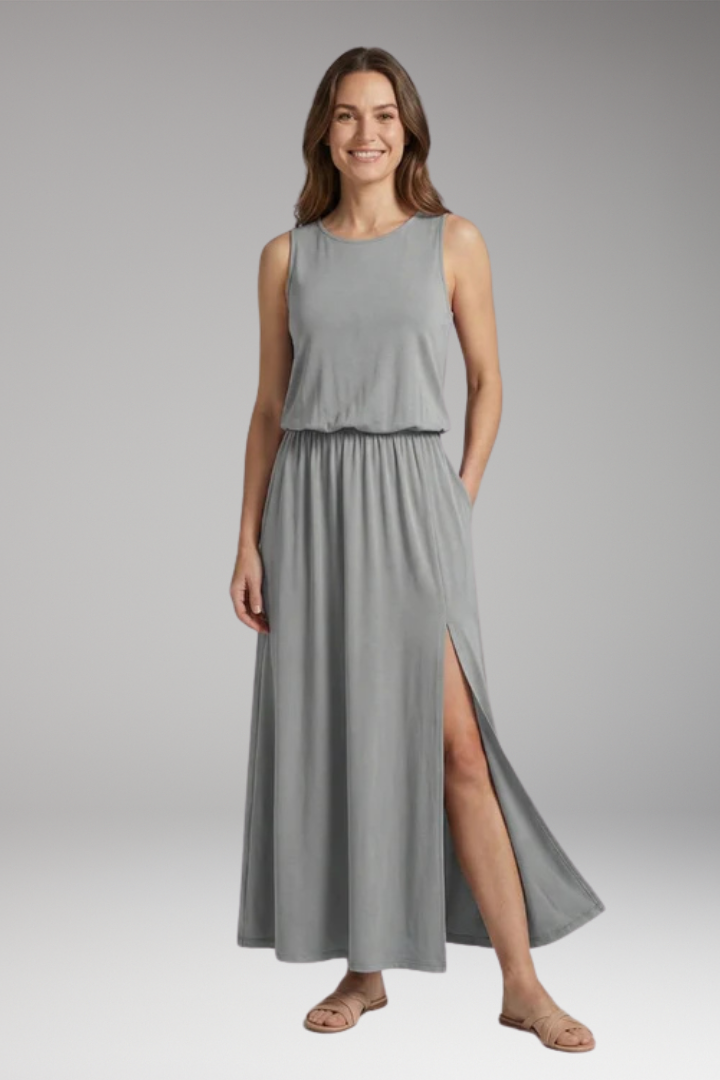 Women's Maxi Dress with Elastic Waist and Side Slit