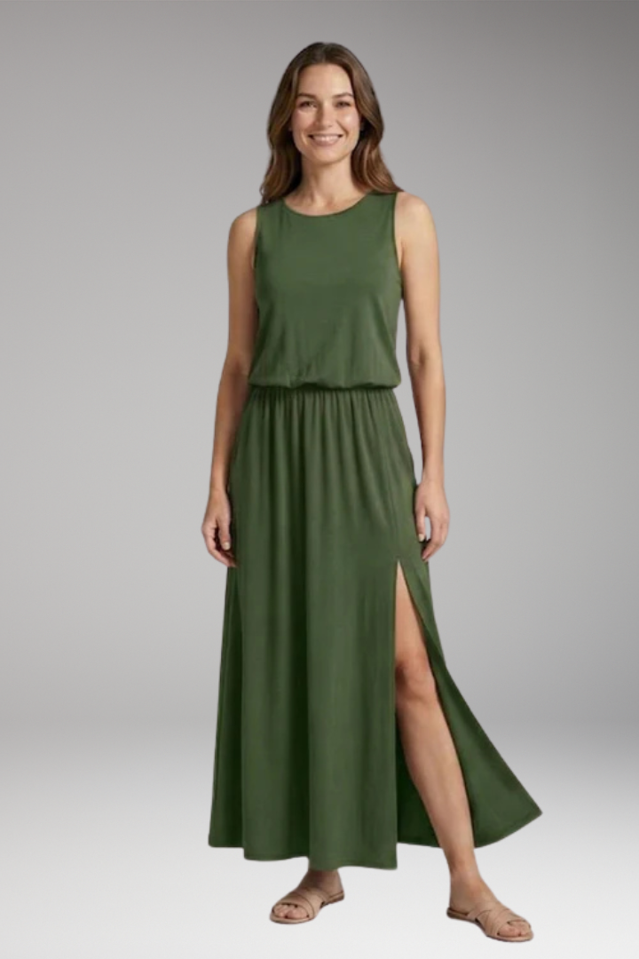 Women's Maxi Dress with Elastic Waist and Side Slit