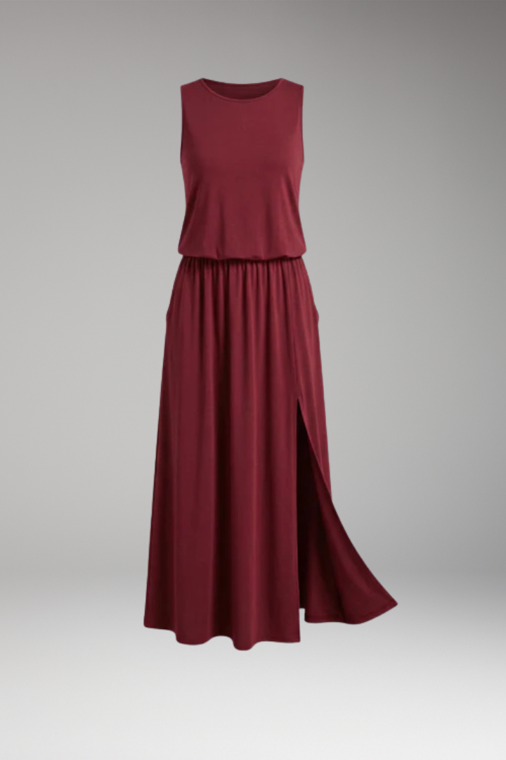 Women's Maxi Dress with Elastic Waist and Side Slit