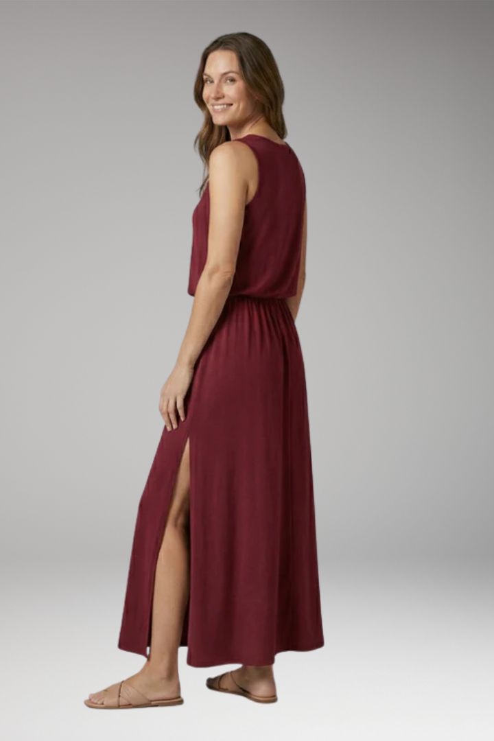 Women's Maxi Dress with Elastic Waist and Side Slit