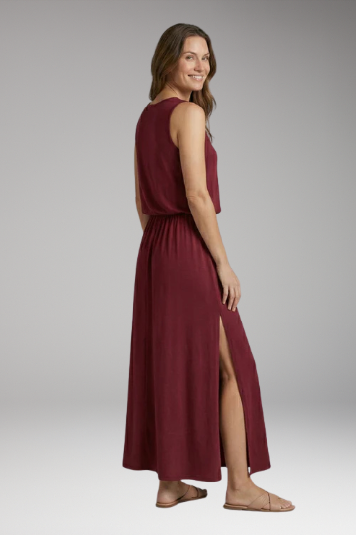 Women's Maxi Dress with Elastic Waist and Side Slit