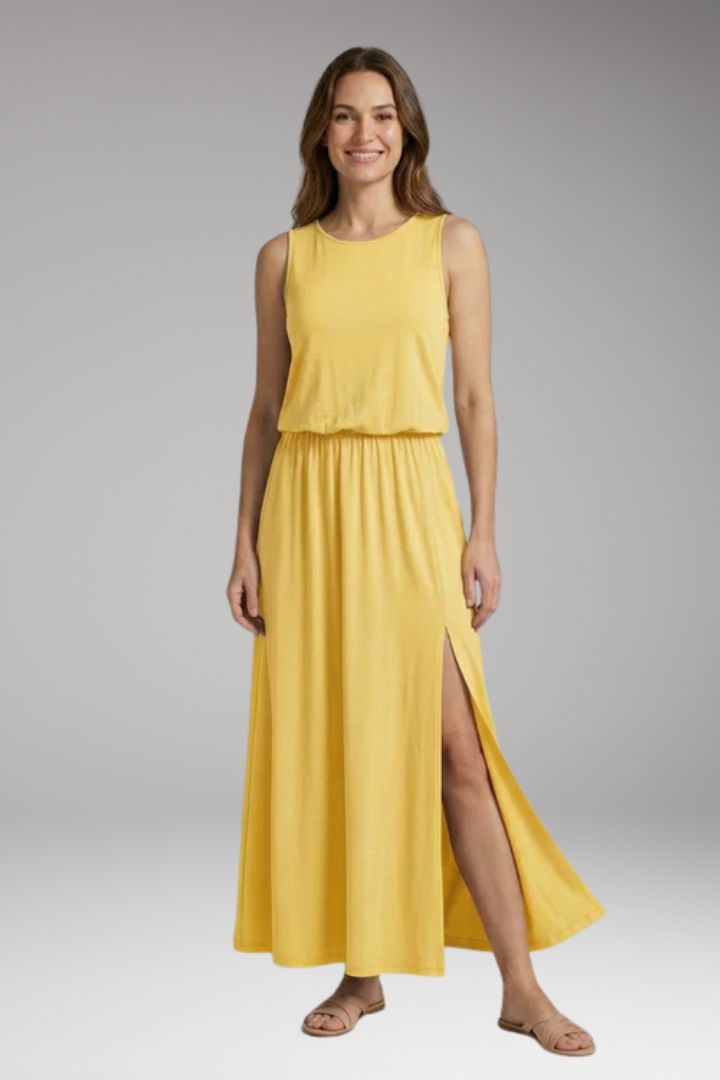 Women's Maxi Dress with Elastic Waist and Side Slit