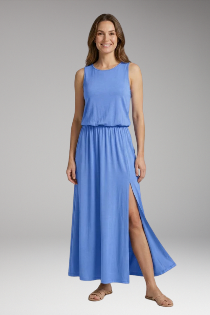 Women's Maxi Dress with Elastic Waist and Side Slit