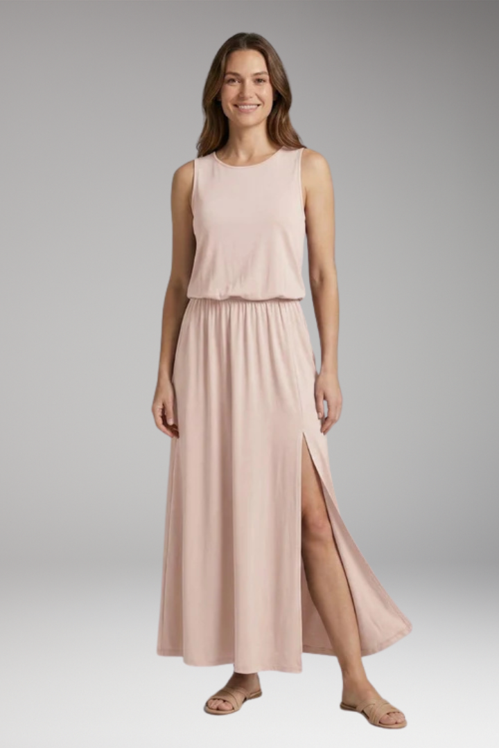 Women's Maxi Dress with Elastic Waist and Side Slit