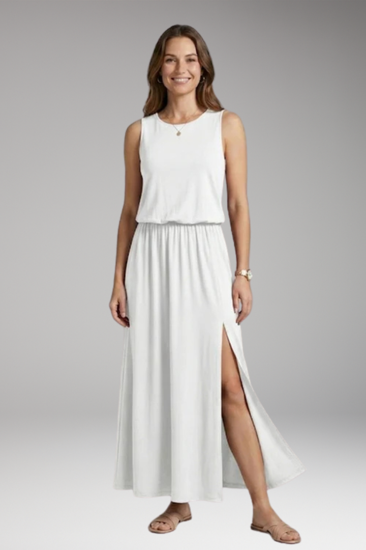 Women's Maxi Dress with Elastic Waist and Side Slit