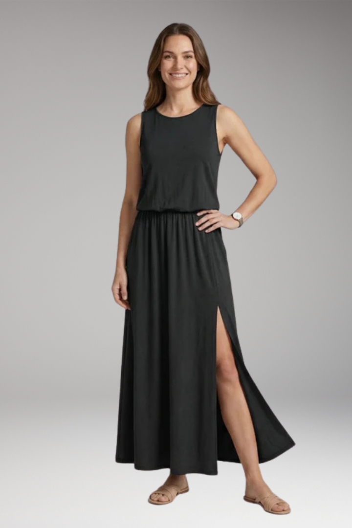 Women's Maxi Dress with Elastic Waist and Side Slit