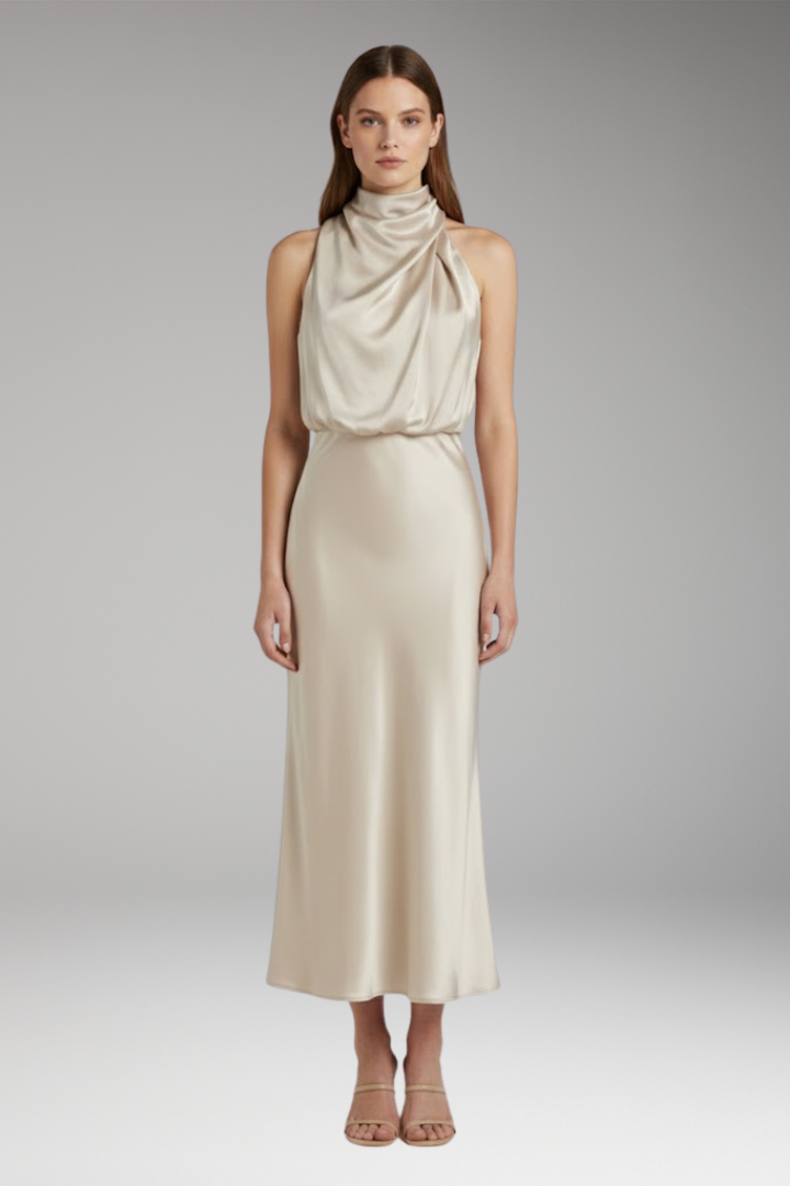 Women's Maxi Dress with High Neckline and Flowing Cut