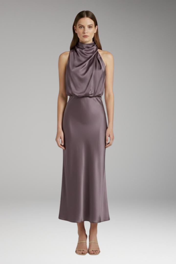Women's Maxi Dress with High Neckline and Flowing Cut