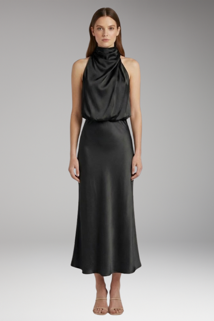 Women's Maxi Dress with High Neckline and Flowing Cut