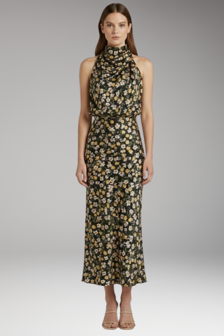 Women's Maxi Dress with High Neckline and Flowing Cut