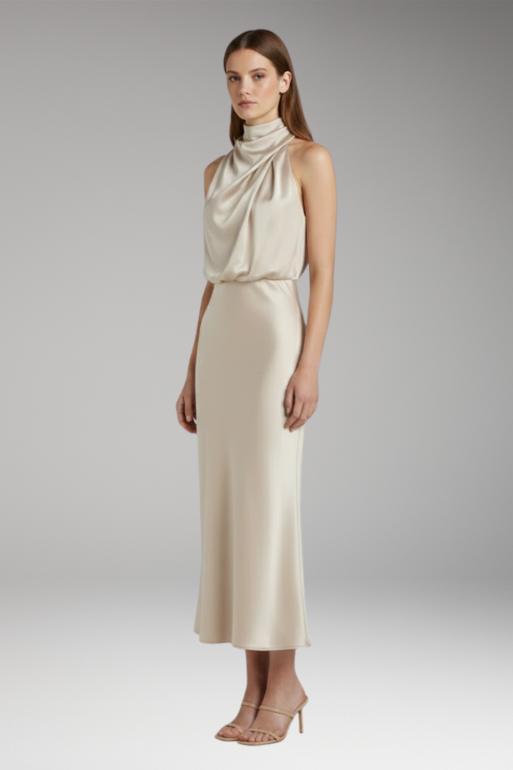 Women's Maxi Dress with High Neckline and Flowing Cut