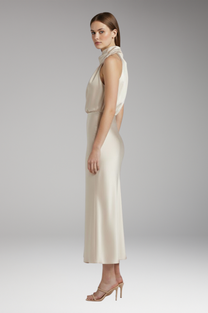 Women's Maxi Dress with High Neckline and Flowing Cut