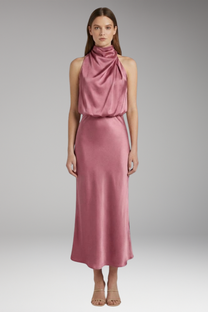 Women's Maxi Dress with High Neckline and Flowing Cut