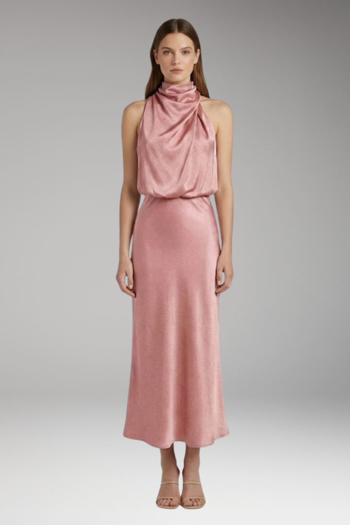 Women's Maxi Dress with High Neckline and Flowing Cut