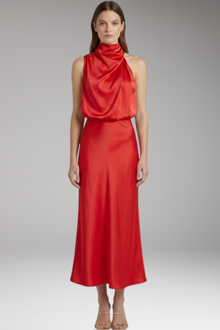 Women's Maxi Dress with High Neckline and Flowing Cut