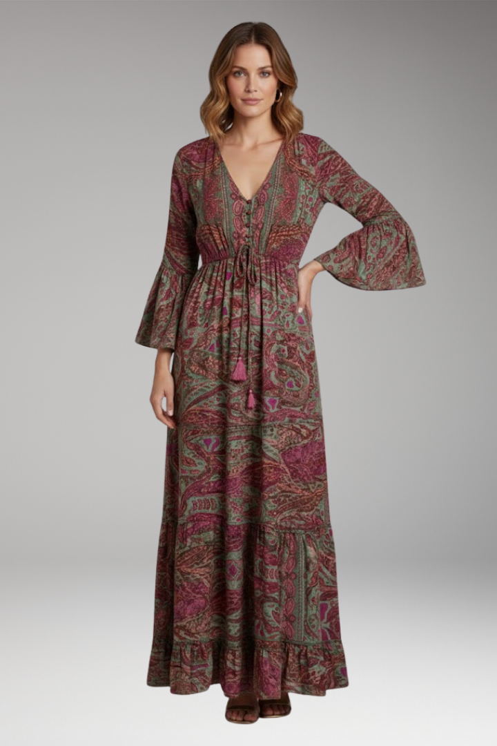 Women's Maxi Dress with Paisley Print and Trumpet Sleeves