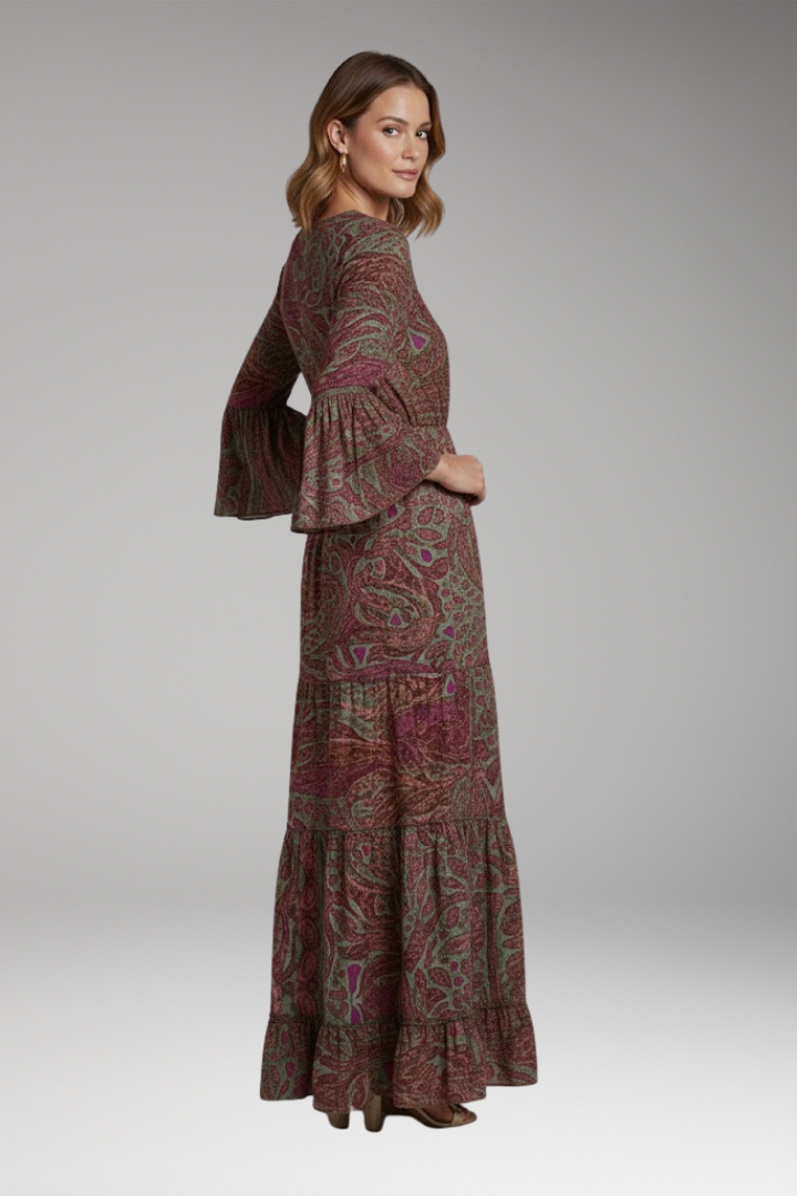 Women's Maxi Dress with Paisley Print and Trumpet Sleeves