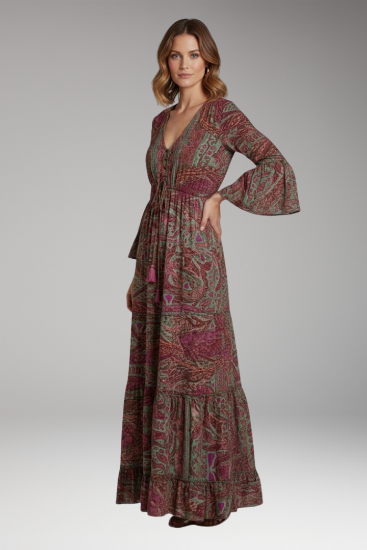 Women's Maxi Dress with Paisley Print and Trumpet Sleeves