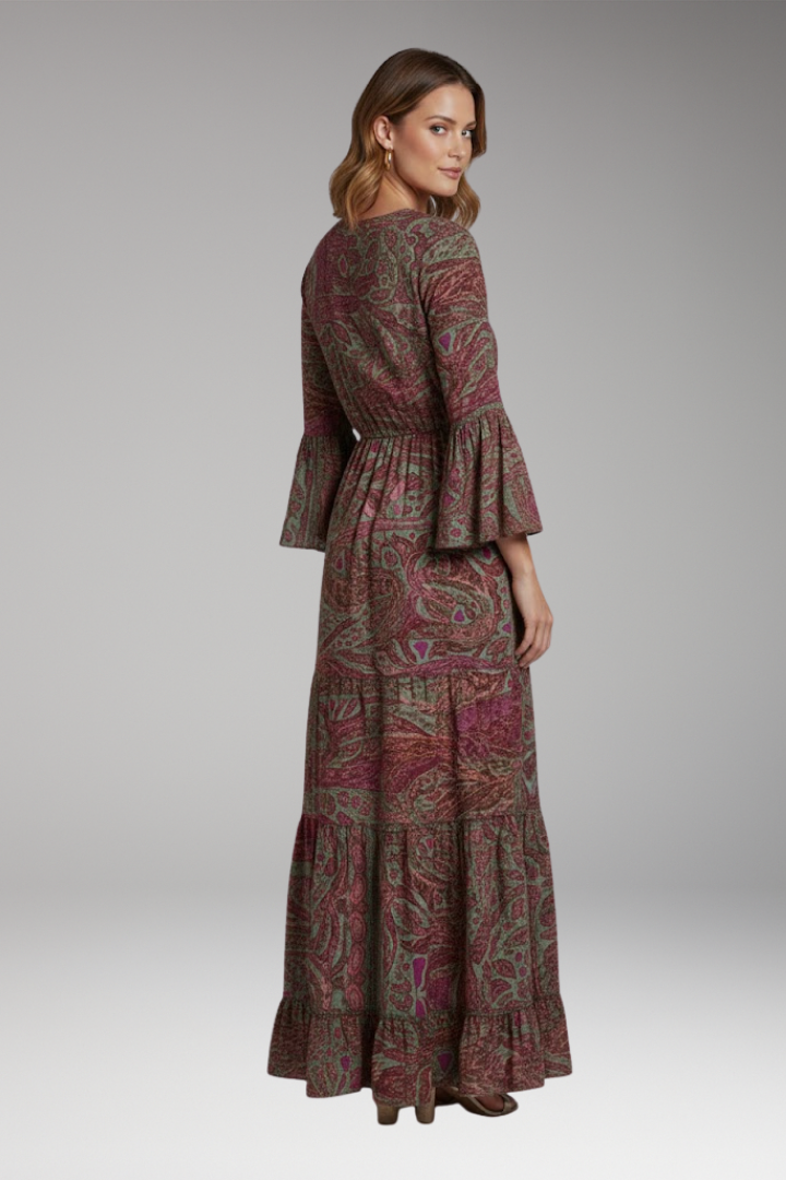 Women's Maxi Dress with Paisley Print and Trumpet Sleeves