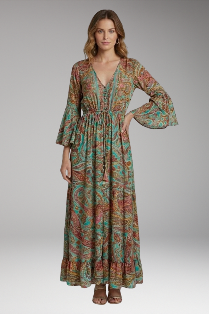 Women's Maxi Dress with Paisley Print and Trumpet Sleeves