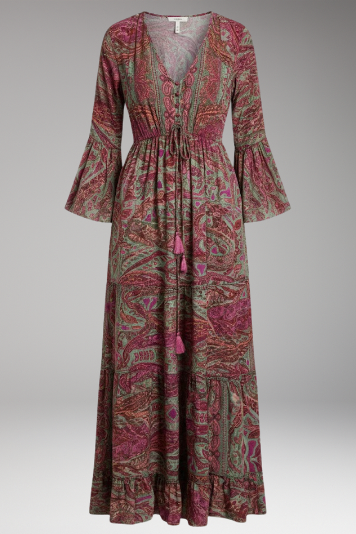 Women's Maxi Dress with Paisley Print and Trumpet Sleeves