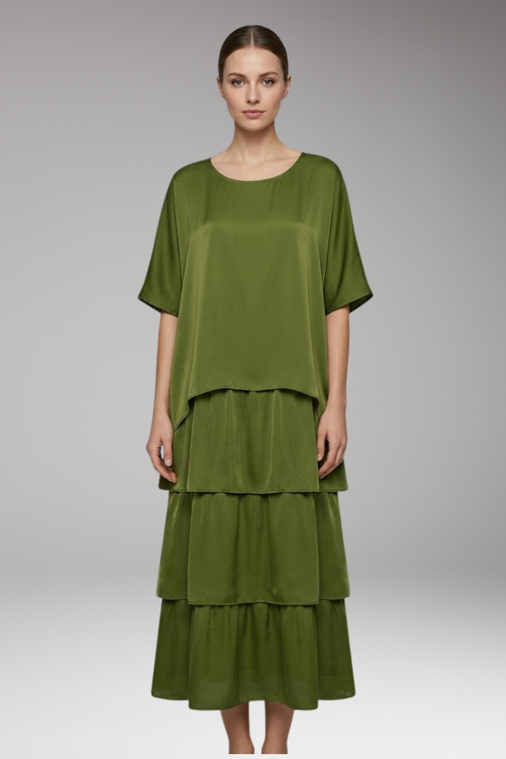 Women's Maxi Dress with Round Neck and Layered Design